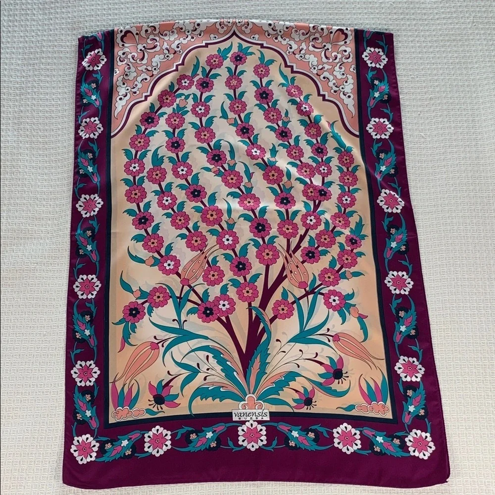 Vanensis Bursa silk scarf burgundy, pink, teal, tan, and ivory floral tree print